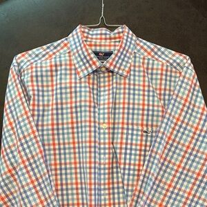 Vineyard Vines Men's Red and Blue Checkered Shirt